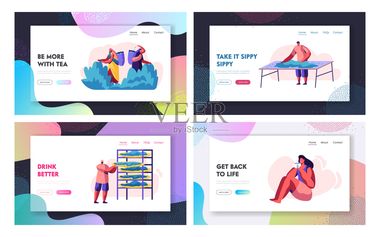 茶叶收集和饮用网站登陆页面模板集。穿着传统服装的印度人拾起树叶,享受茶叶的女人。培养Web页面。卡通平面矢量插图,旗帜设计模板素材