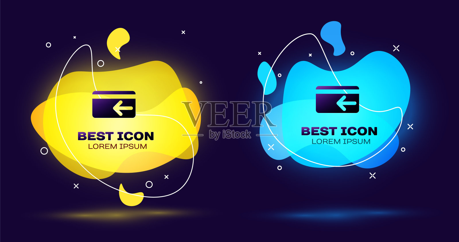 黑色现金返还图标。信用卡。金融服务,资金返还,投资回报,储蓄账户,货币兑换。一套液体颜色抽象几何形状。矢量图图标素材