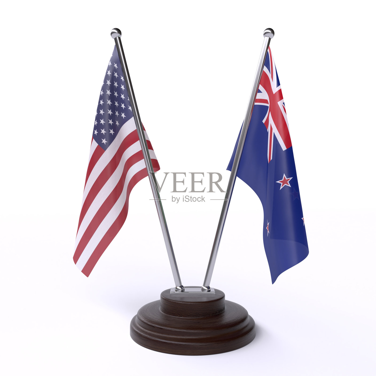美国和新西兰,白色背景上的两面旗子照片摄影图片