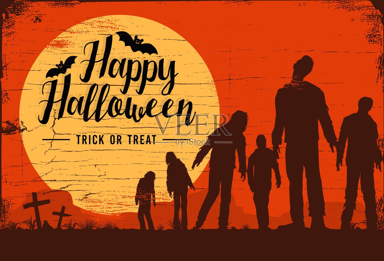 僵尸在墓地行走的剪影,矢量图插画图片素材