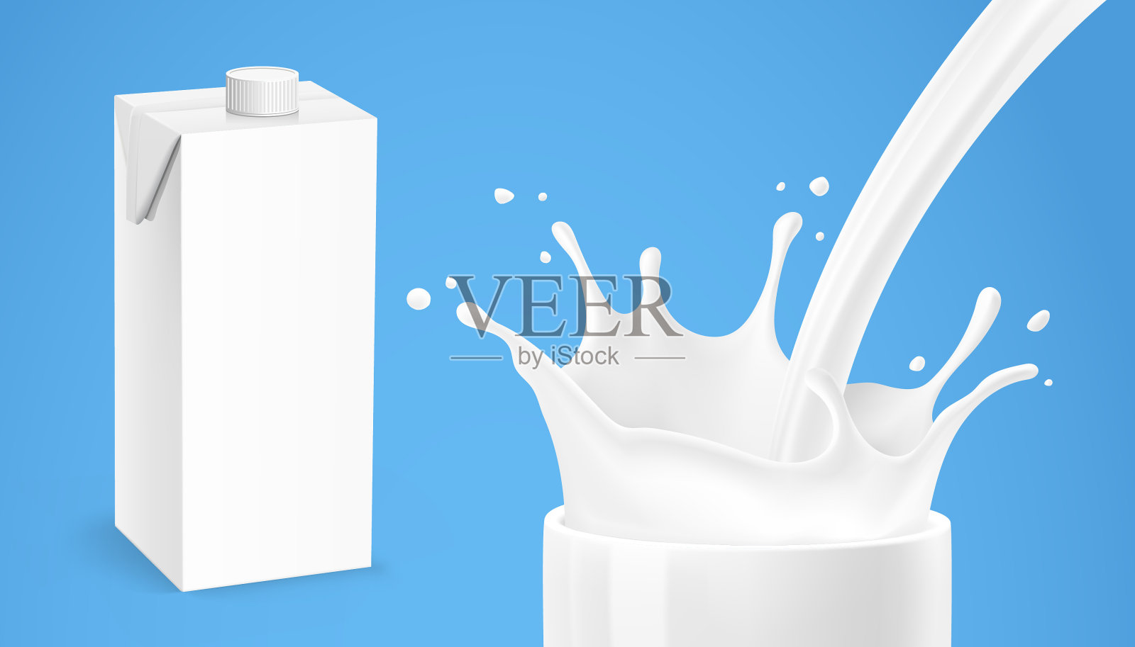 现实的牛奶飞溅和滴与包装模型。插画图片素材