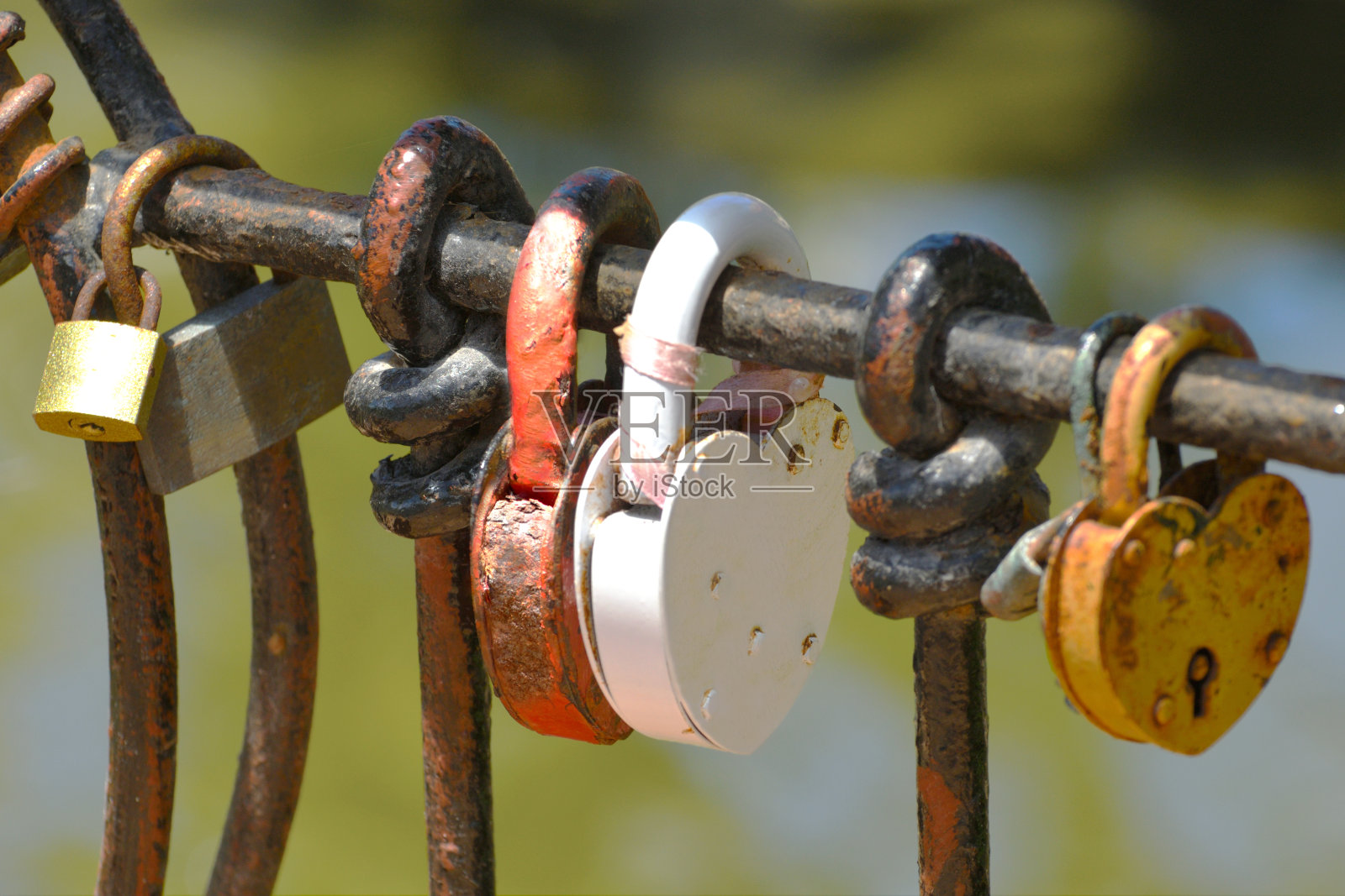 外面的金属栏杆上挂着五颜六色的锁照片摄影图片