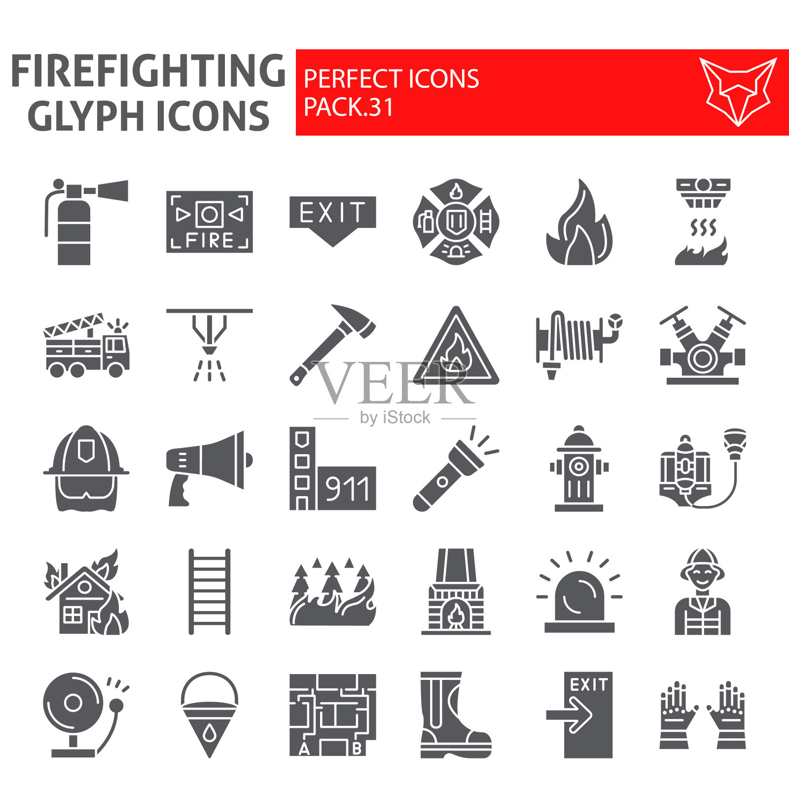 消防符号图标集,消防符号收集,矢量草图,标志插图,消防安全标志固体象形图包装孤立在白色背景。图标素材