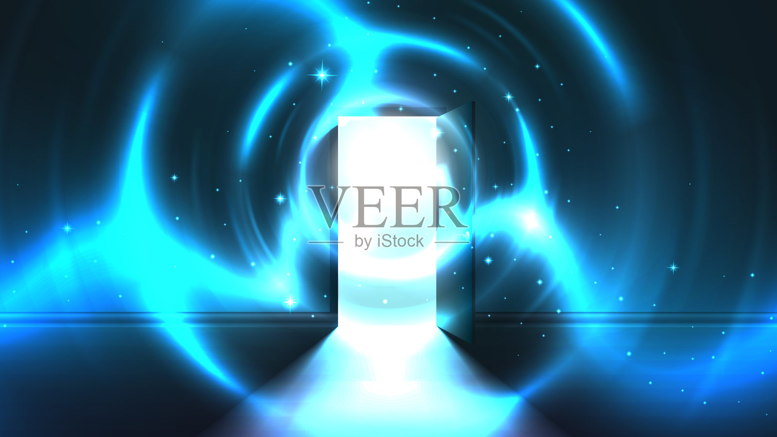 光线隧道从黑暗的房间打开的门,抽象神秘的超自然发光出口。隧道尽头的光。通往另一个世界的入口,外星世界。开门模板,科幻背景插画图片素材