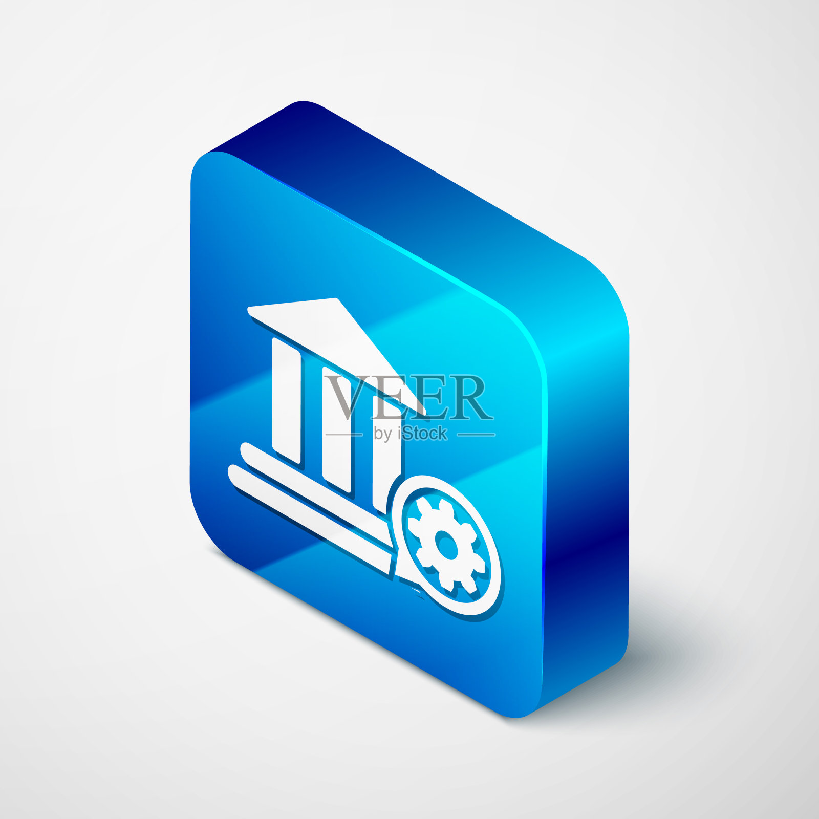 等距银行建筑和齿轮图标隔离在白色背景上。调整app,服务理念,设置选项,维护,维修,固定。蓝色方块按钮。矢量图图标素材