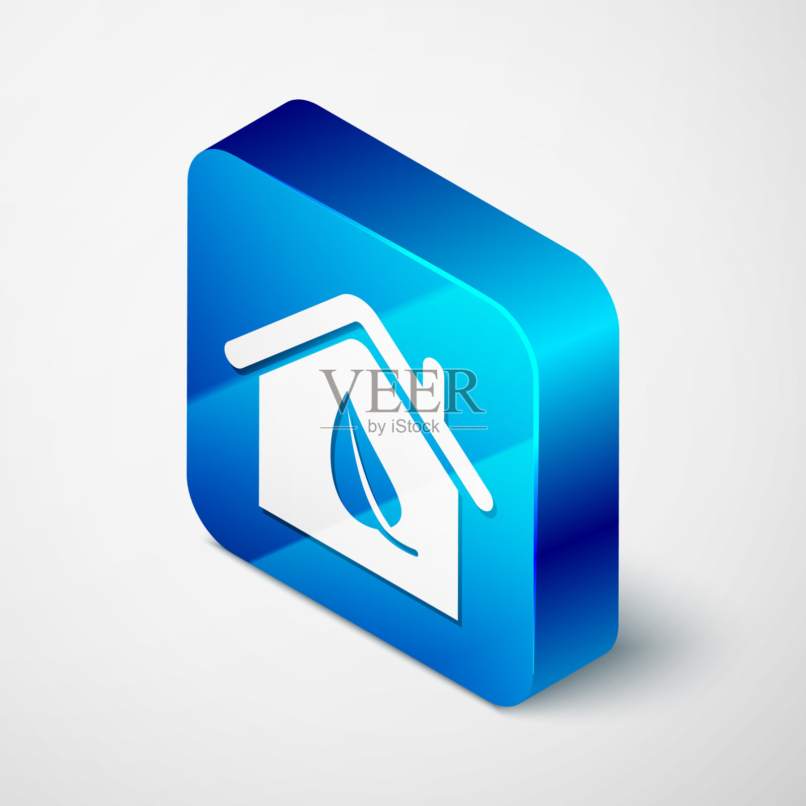 等距生态友好的房子图标孤立在白色的背景。有树叶的生态房子。蓝色方块按钮。矢量图插画图片素材