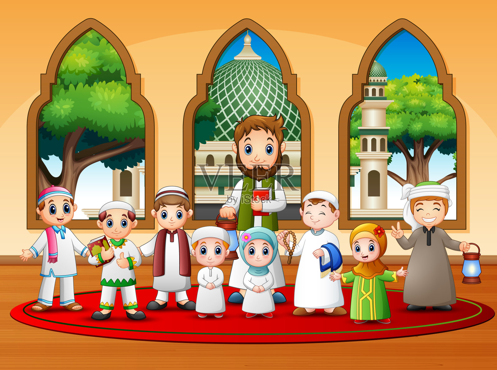 孩子们和他们的老师正站在清真寺前插画图片素材