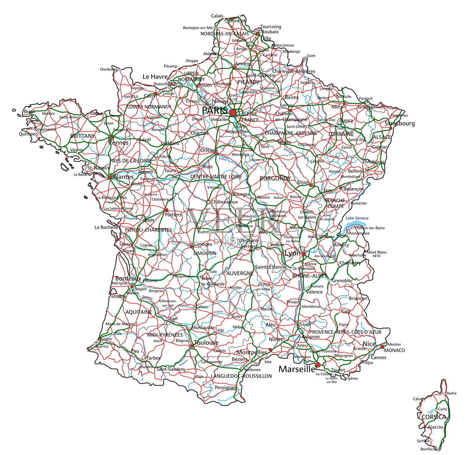 法国公路和高速公路地图。矢量插图。插画图片素材