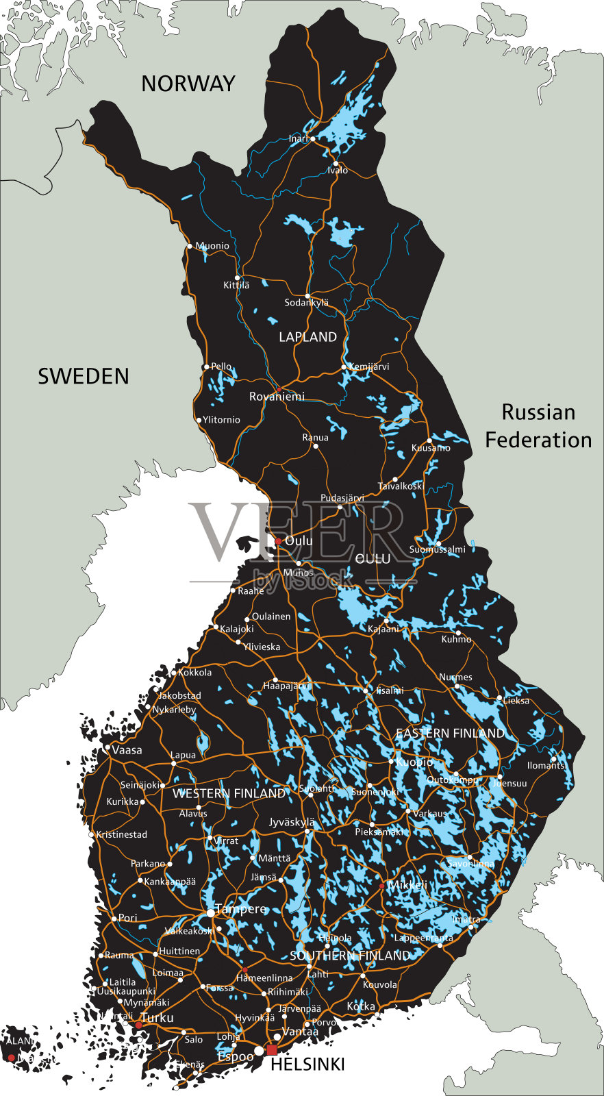 高度详细的芬兰路线图与标签。插画图片素材