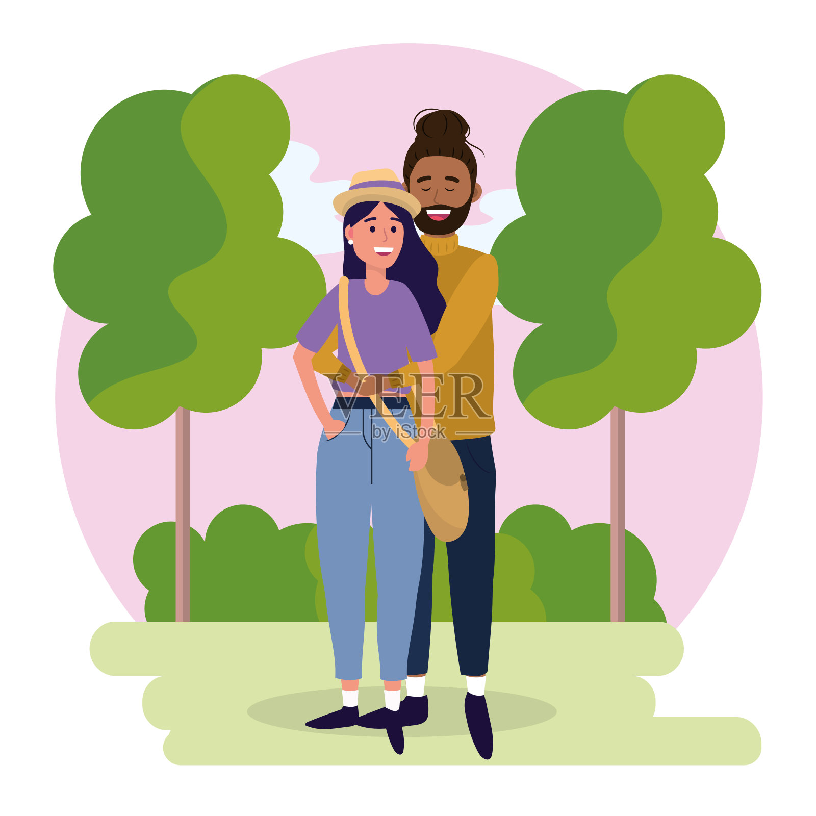女人和男人和树木和灌木丛插画图片素材