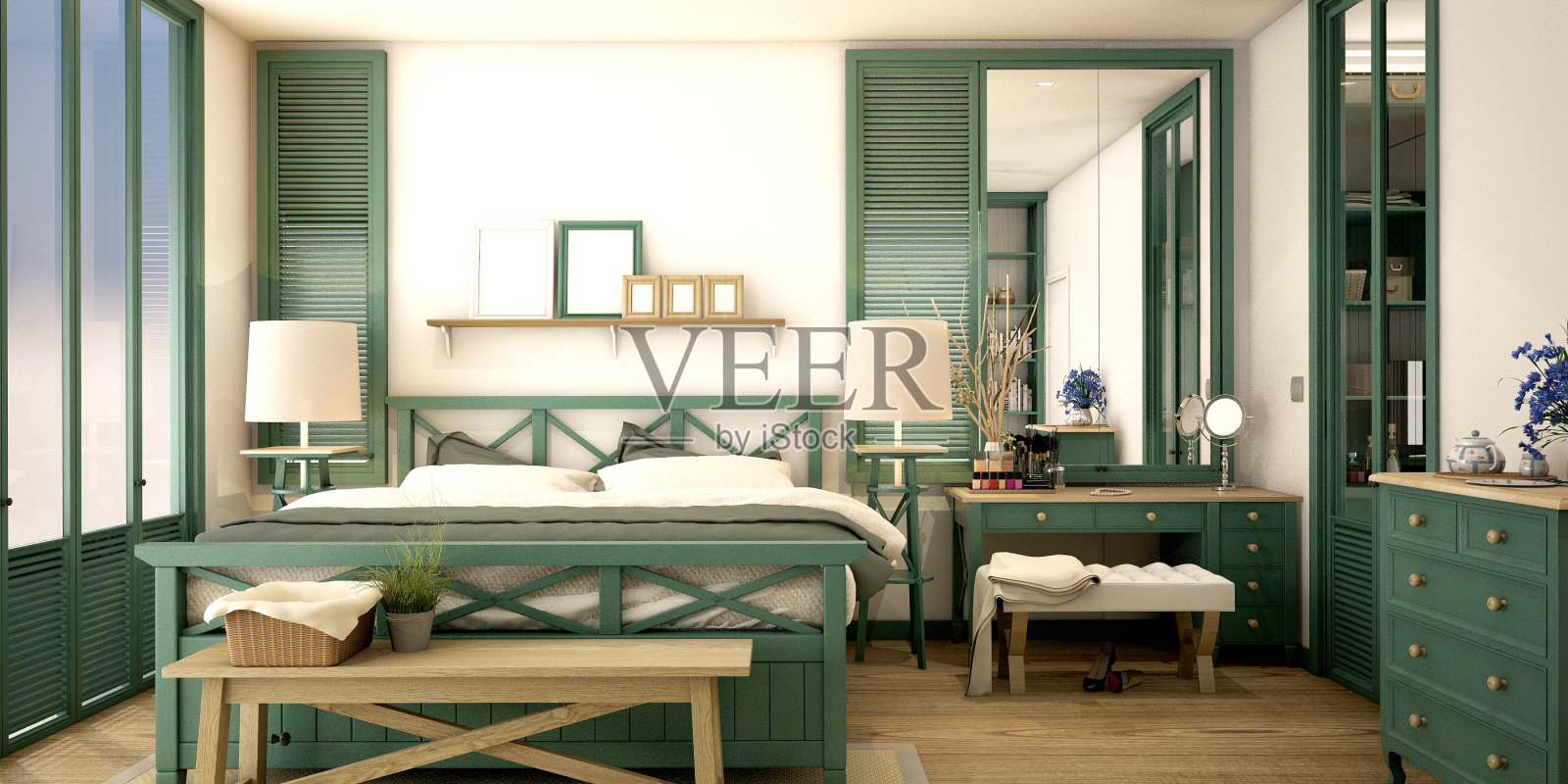 复古风格的卧室室内设计,3d插图,3d渲染照片摄影图片