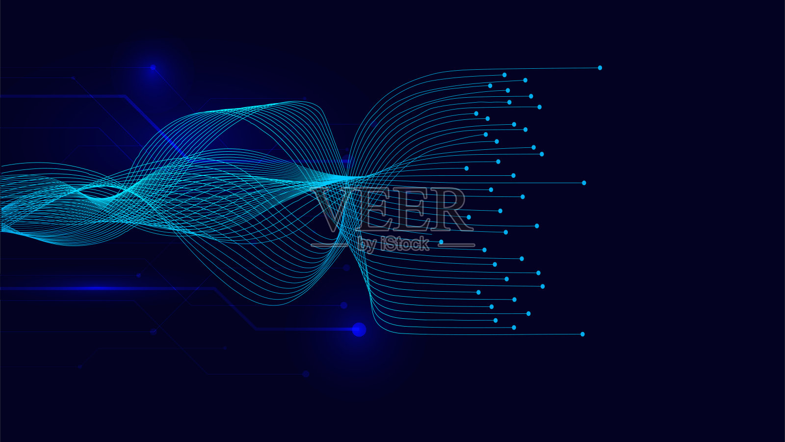 在蓝色背景上流动的动态矢量波线的概念AI技术,数字,插画图片素材