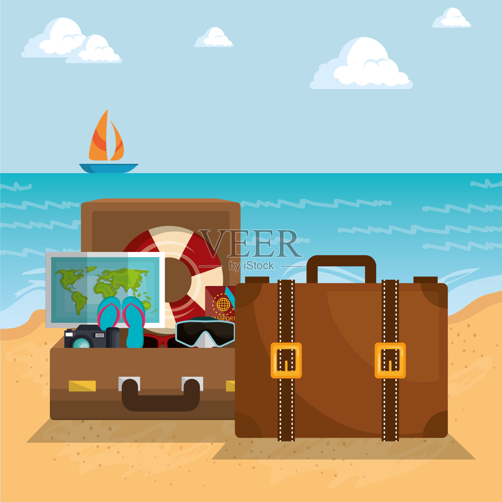 夏季度假海滩与图标插画图片素材