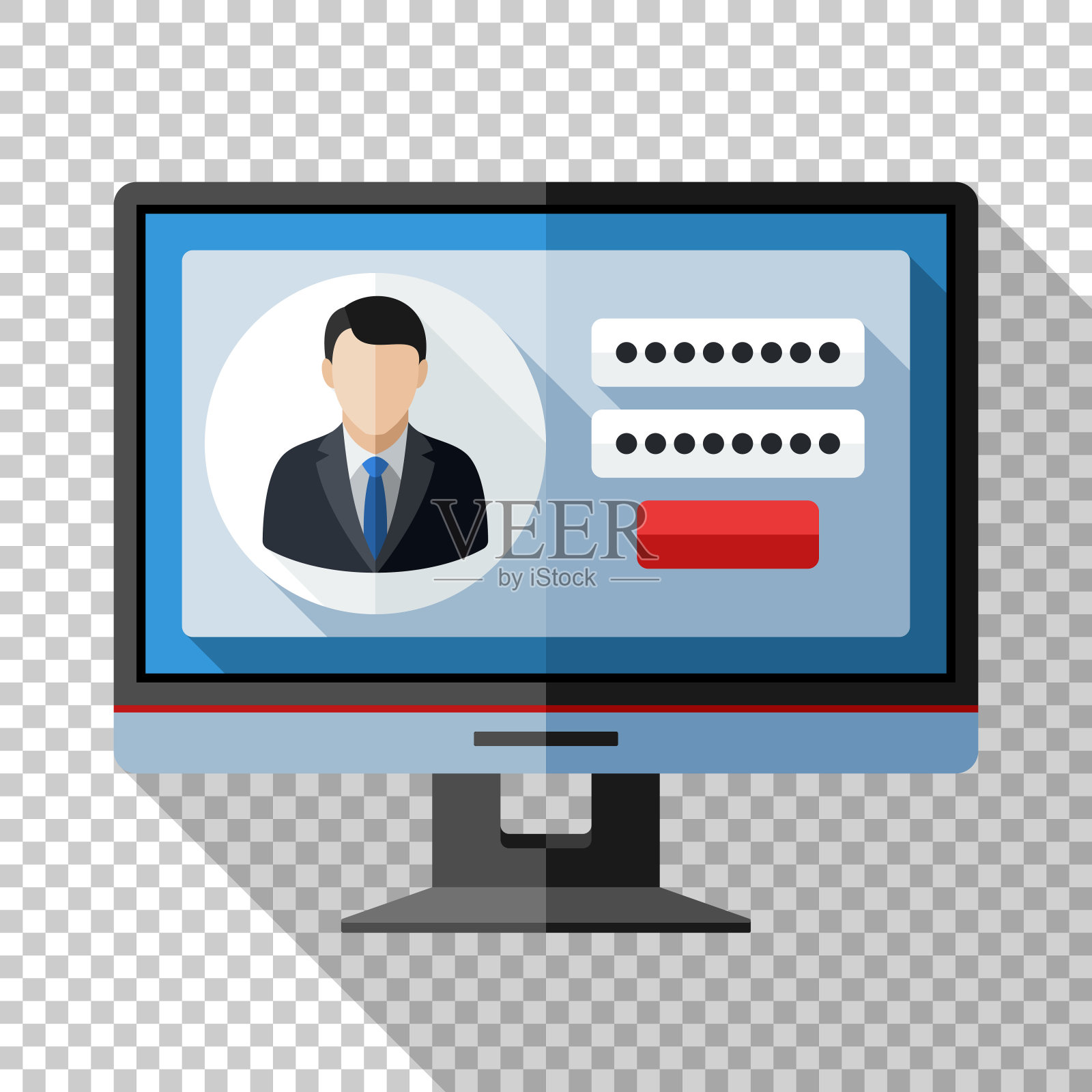 显示器图标在平板风格与用户登录表单在屏幕上和透明的背景长阴影插画图片素材