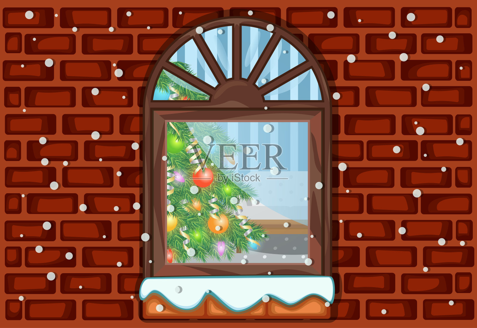 圣诞节和新年背景墙上的窗户和圣诞树插画图片素材
