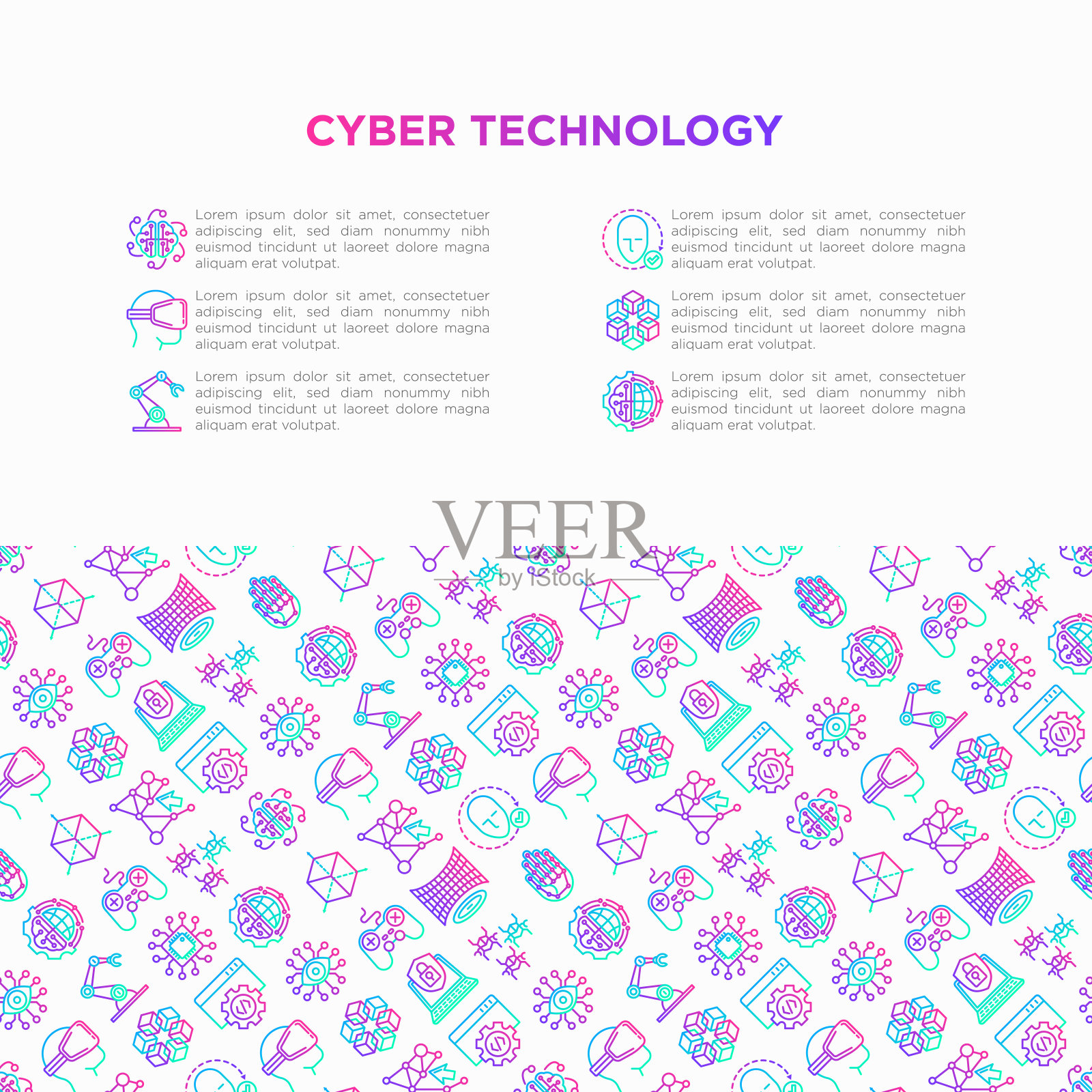 网络技术概念与细线图标:人工智能,虚拟现实眼镜,仿生学,机器人,全球网络,电脑游戏,微处理器,纳米机器人。矢量插图,网页模板。插画图片素材