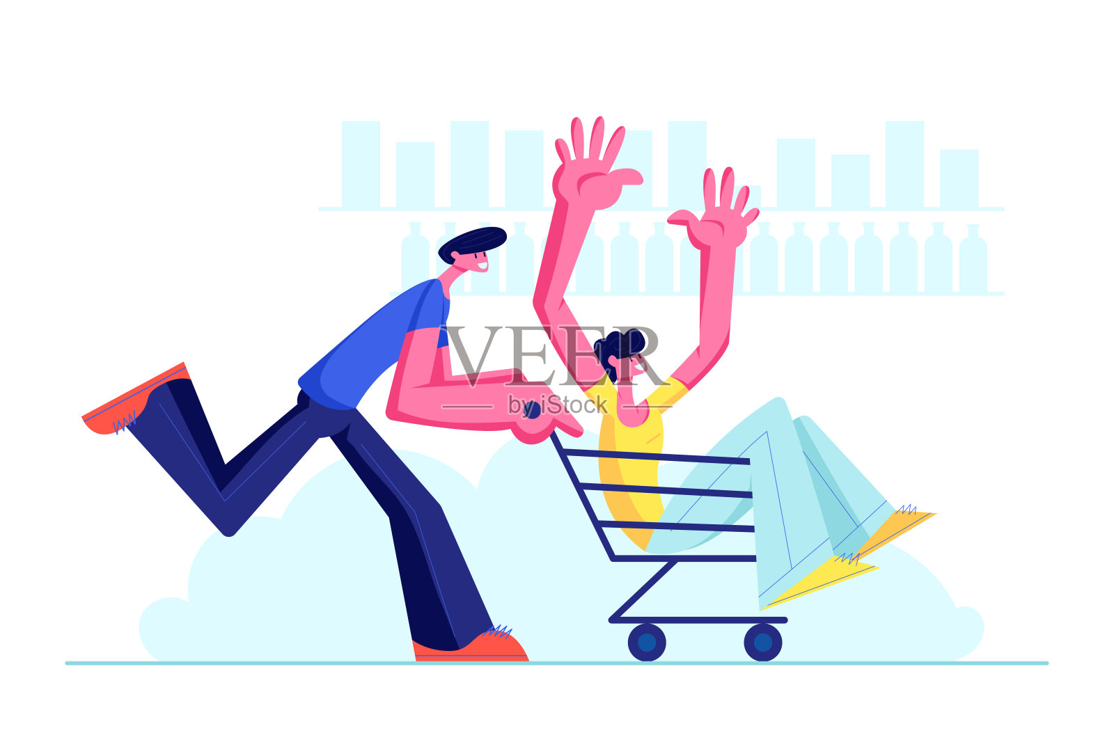 一对青少年傻瓜在超市乘手推车。快乐男孩推着购物车,他的朋友坐在里面。青少年快乐的业余时间,休闲,假期,乐趣。卡通平面矢量插图插画图片素材