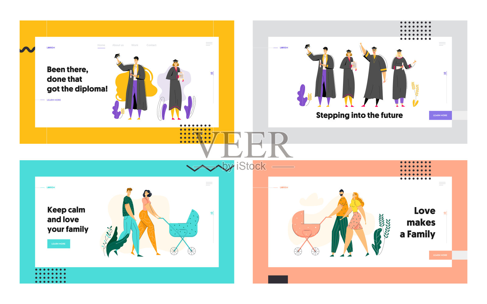 教育和毕业概念登陆页面。快乐毕业的学生与文凭。年轻夫妇走路与婴儿推车网站横幅。矢量平面插图插画图片素材