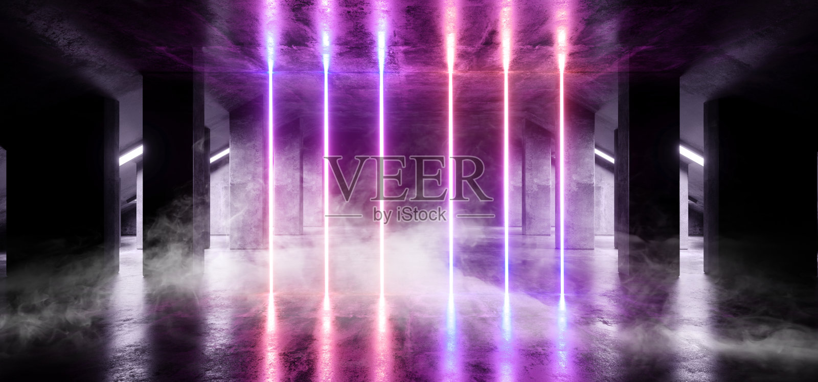 烟雾科幻霓虹现代未来主义充满活力的辉光紫色蓝色激光表演舞台轨道路径入口大门地下车库大厅隧道走廊光滑的黑暗俱乐部宇宙飞船3D渲染照片摄影图片