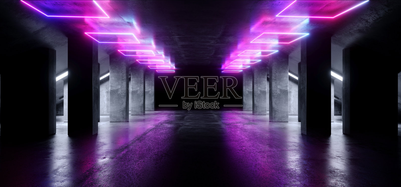 科幻霓虹现代未来充满活力的辉光紫色蓝色激光表演舞台轨道路径入口大门地下车库大厅隧道走廊光滑的黑暗俱乐部飞船3D渲染照片摄影图片