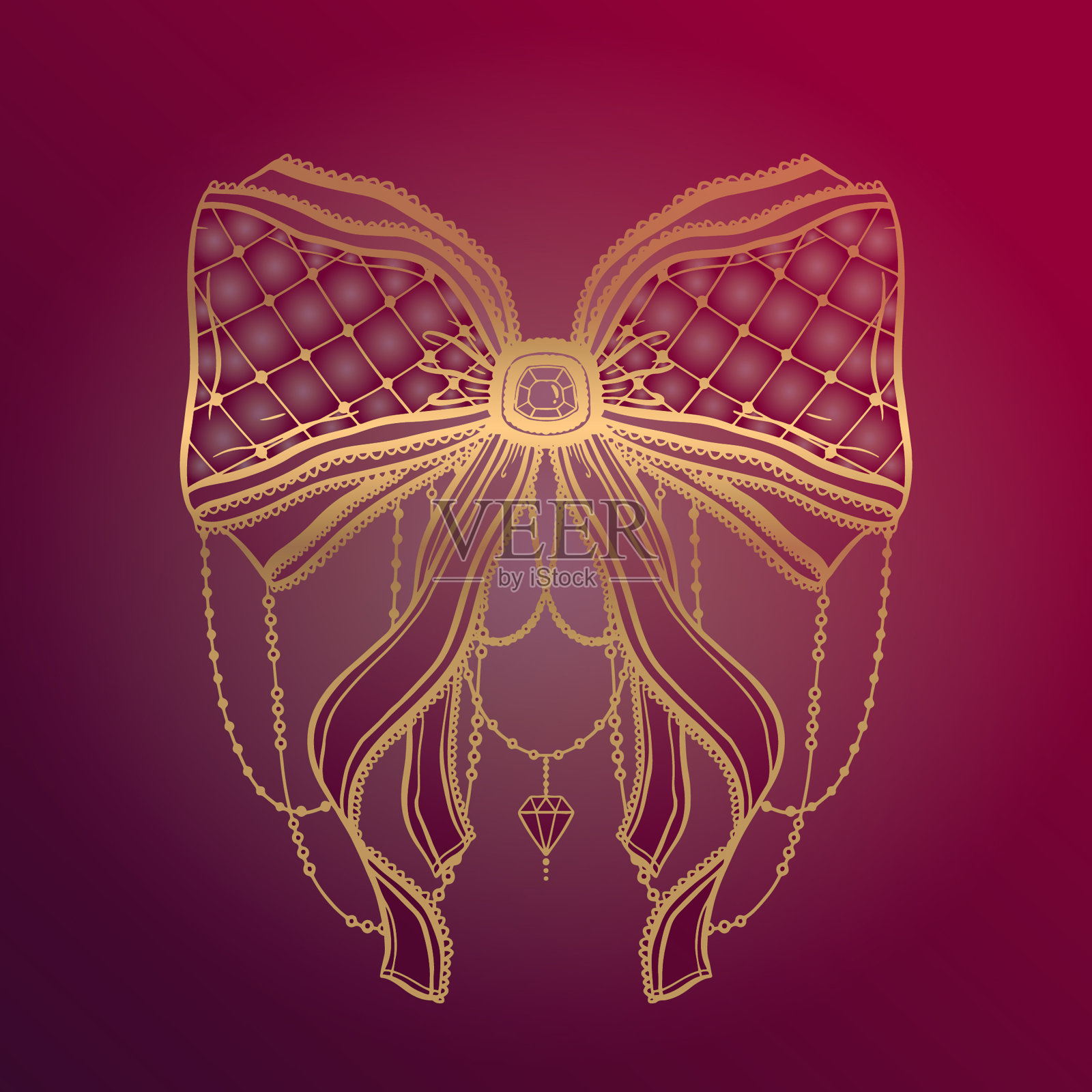 哥特式蝴蝶结红色纹身图案。金色图形,红色背景。插画图片素材