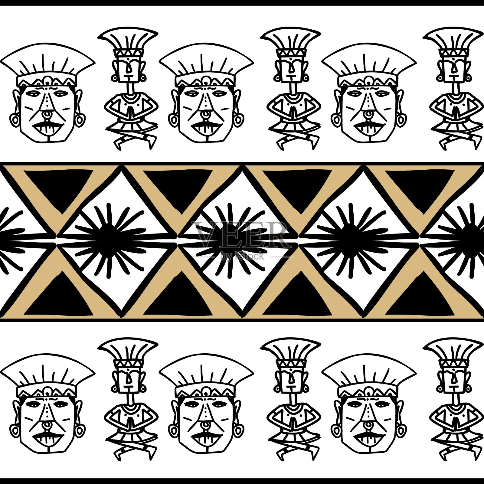 阿兹特克部落模式向量。手绘古玛雅符号。本土历史墨西哥文化无缝彩色绘画插图的时尚纺织印花或包装和墙纸背景。插画图片素材