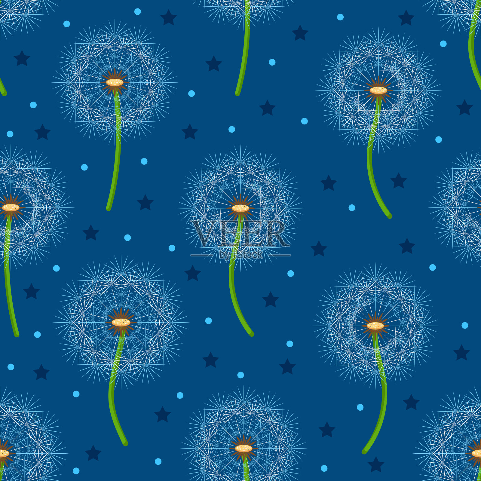 摘要蒲公英与飞行种子无缝模式在蓝色发光的背景。矢量插图。插画图片素材