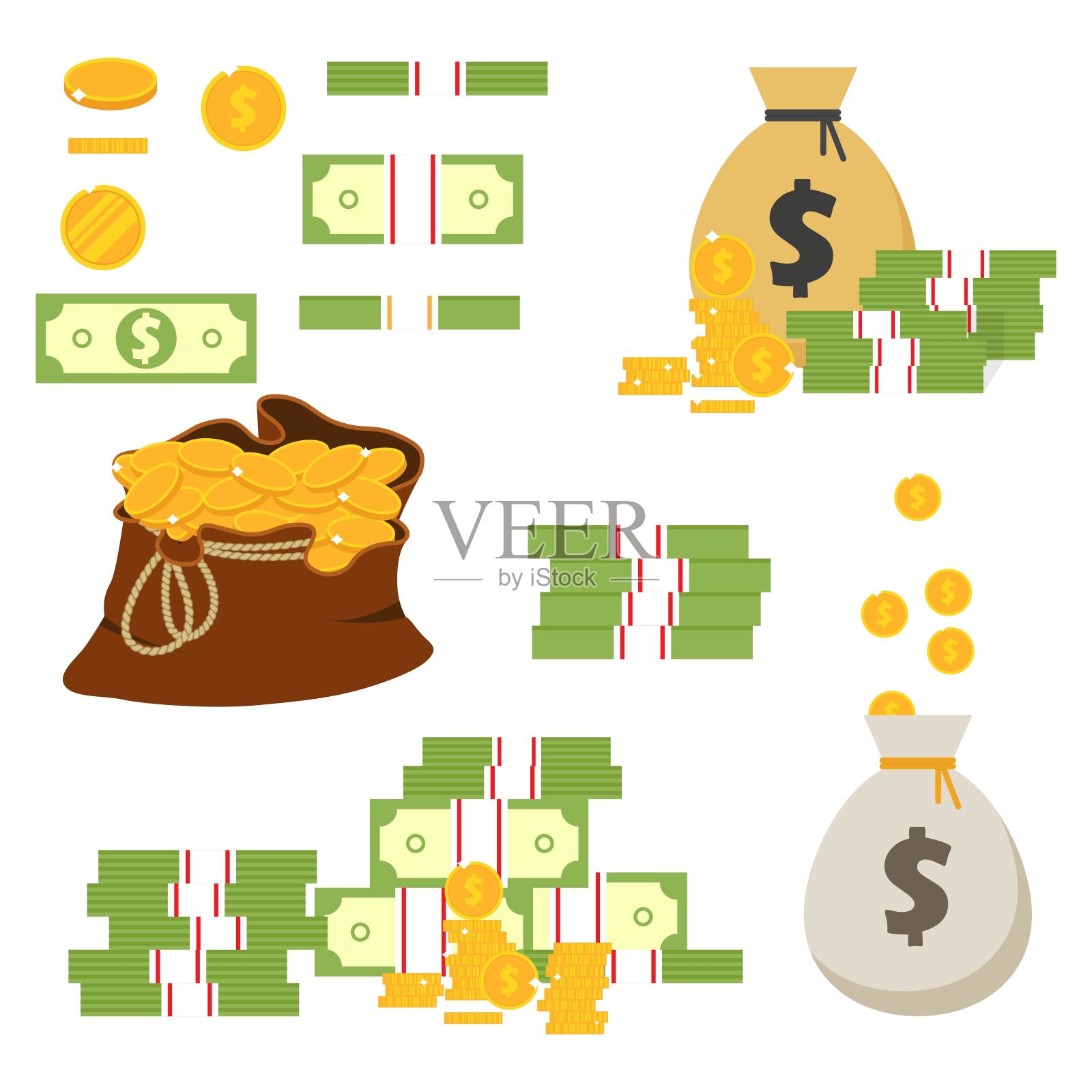 硬币和纸币矢量插图孤立的白色背景。一套不同位置的美钞和硬币插画图片素材