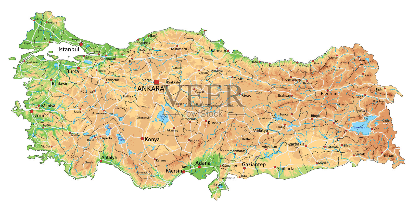 高详细的土耳其物理地图与标签。插画图片素材
