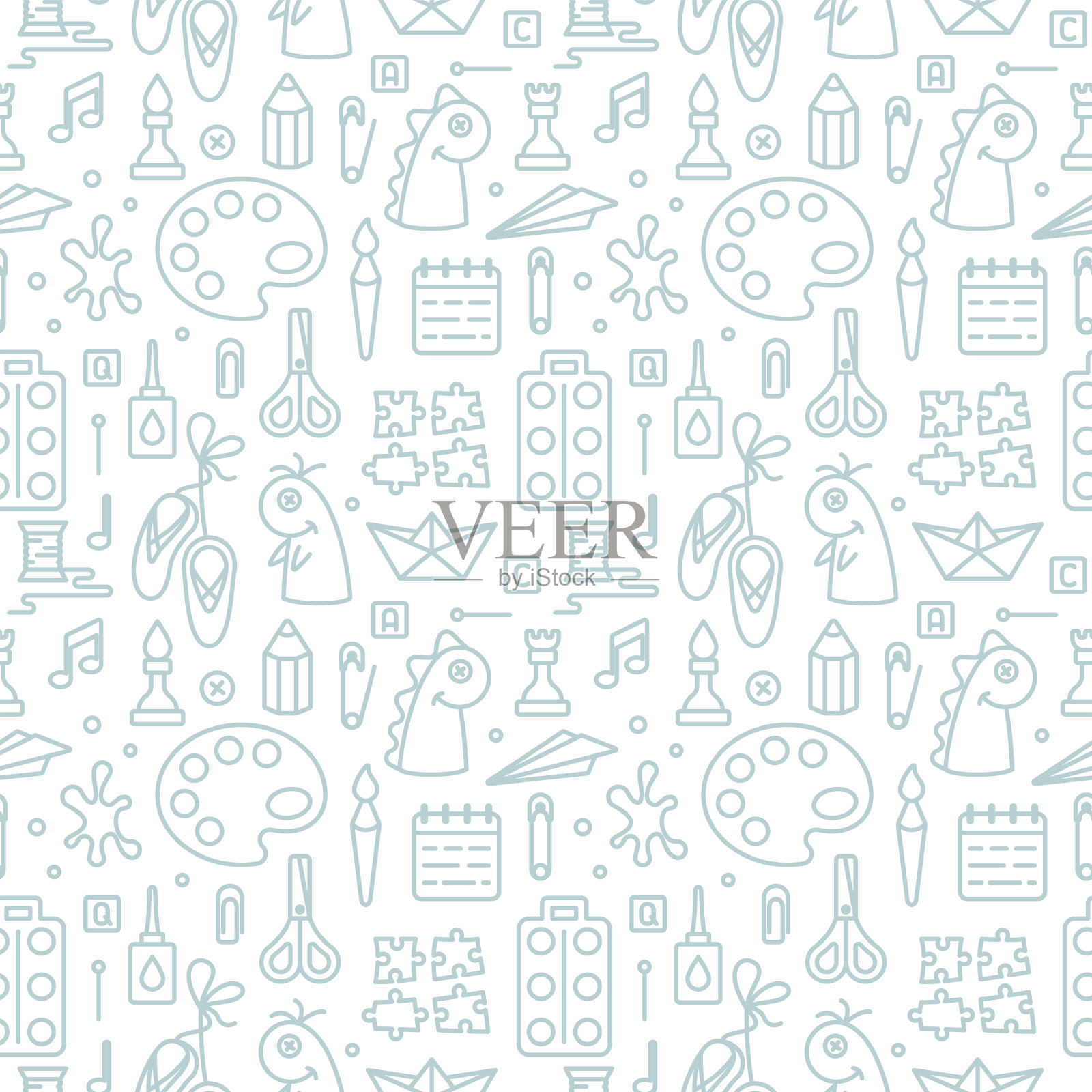 无缝模式与元素的孩子创造性课程在线性风格插画图片素材