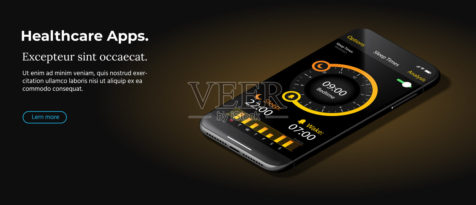 现代黑色智能手机躺在光滑的深棕色表面。设计模板素材