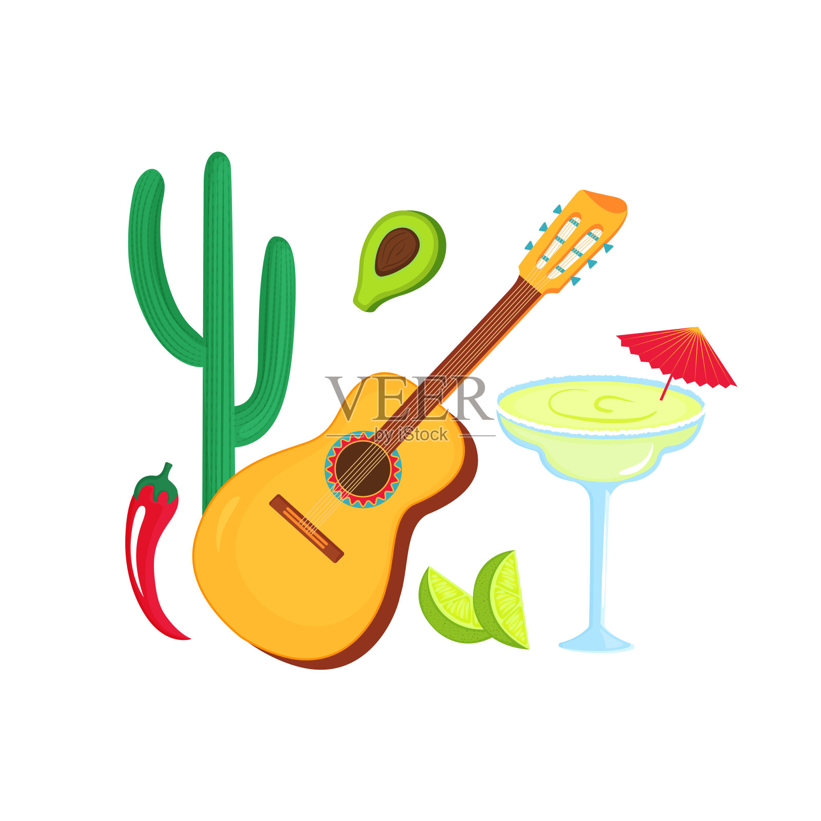 墨西哥五月五日节:吉他、玛格丽塔酒、仙人掌、辣椒、鳄梨、酸橙插画图片素材
