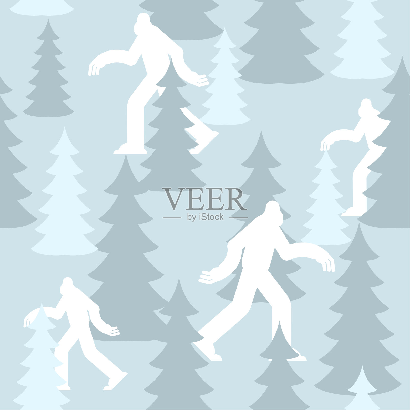 雪人在森林冬季的军事模式。白色大脚服装纹理。蓝色的军方背景。保护士兵的装饰品。矢量图插画图片素材