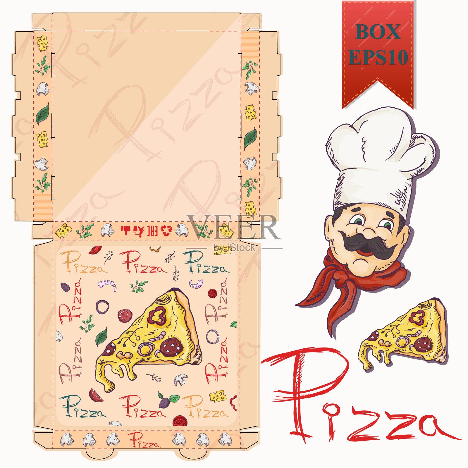 现成的披萨食品包装盒布局,以颜色轮廓图的风格描绘用于烹饪的产品插画图片素材