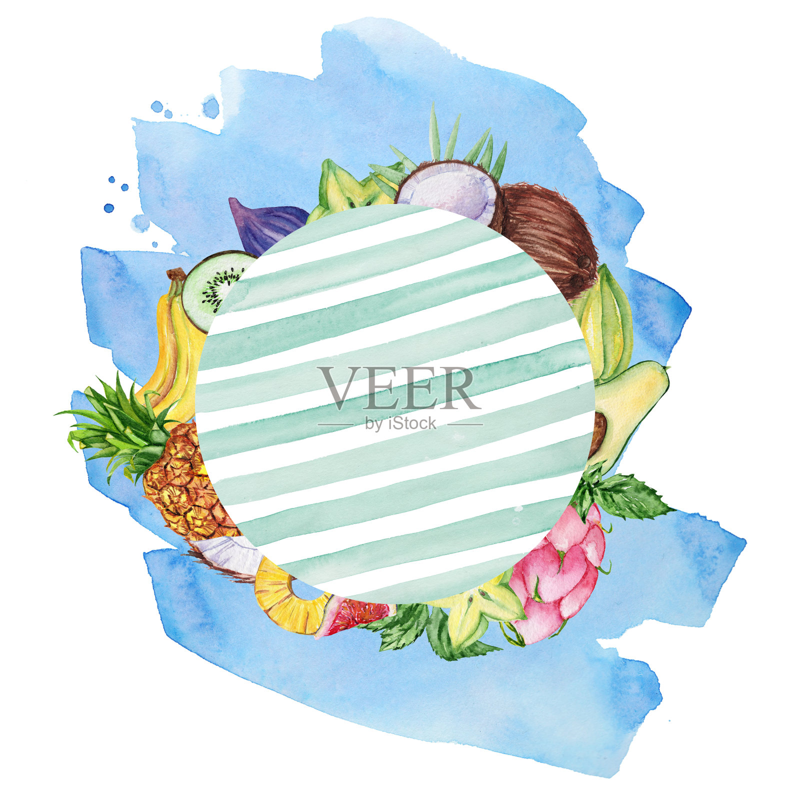 水果和树叶的水彩框架。插画图片素材