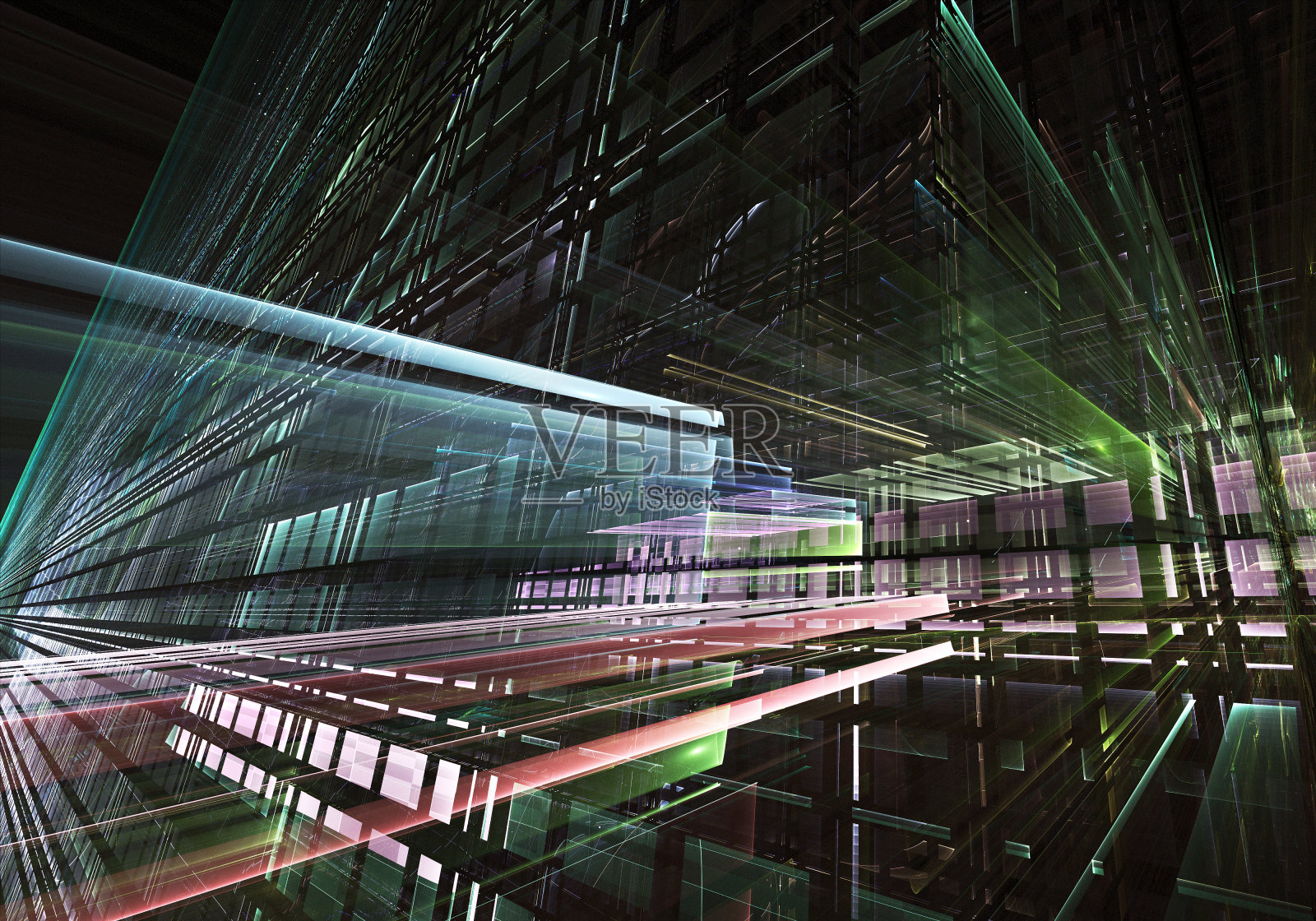 抽象三维分形背景,三维插图。虚拟城市霓虹照片摄影图片