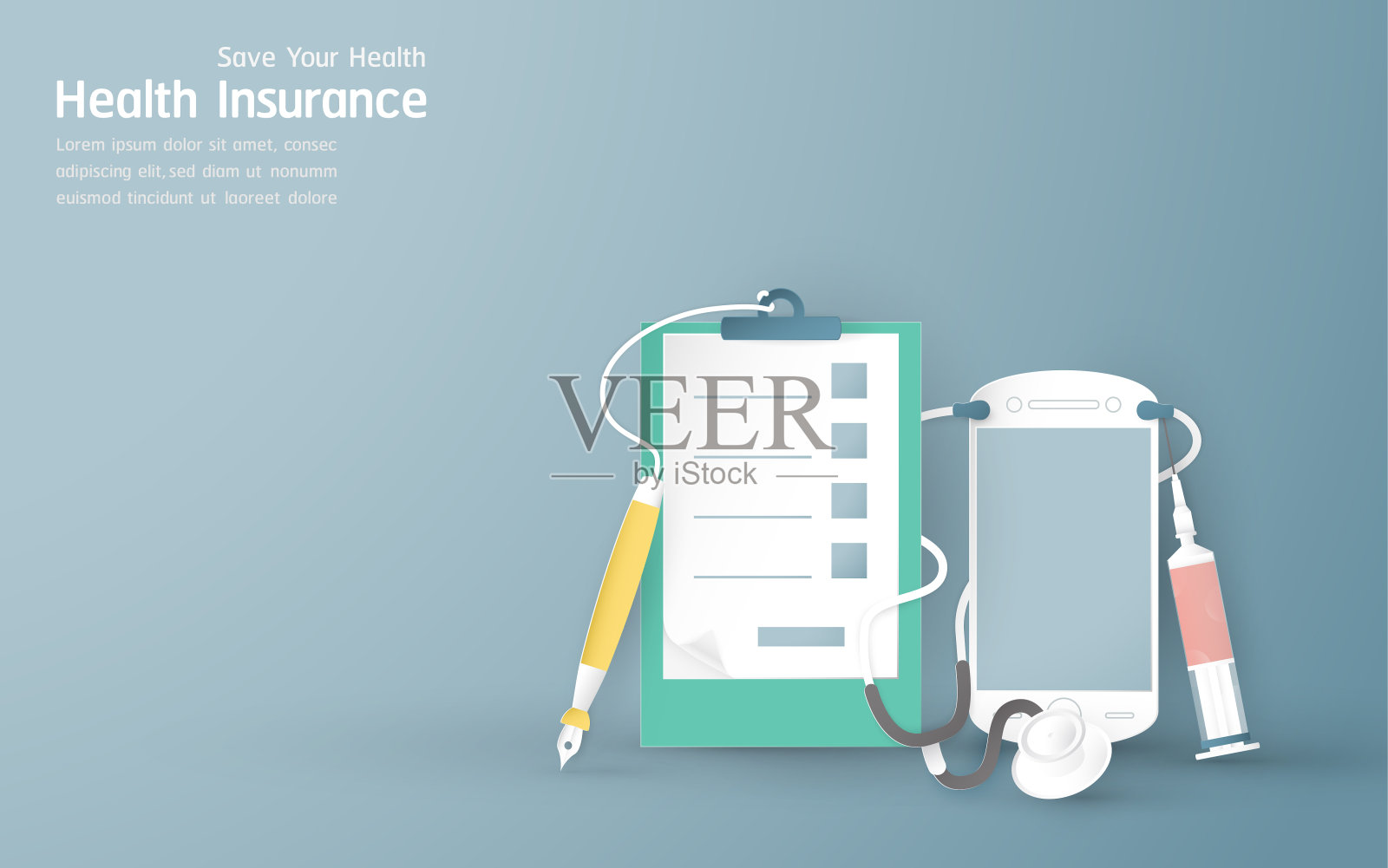 健康保险概念中的媒介说明。模板元素设计是在淡蓝色背景为封面,网页横幅,海报,幻灯片演示。在3D剪纸风格的孩子艺术工艺。插画图片素材