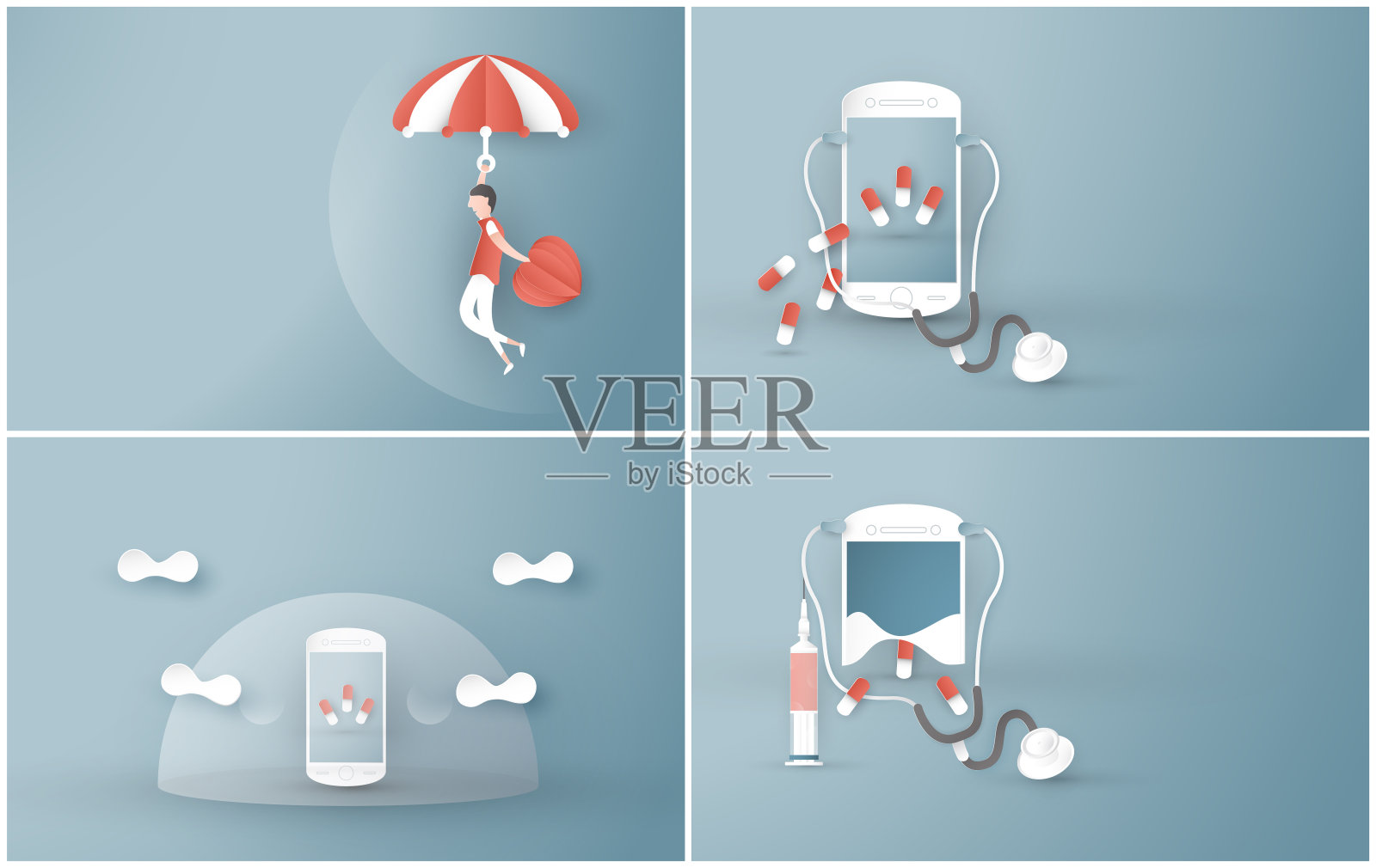 健康保险概念中的媒介说明。模板元素设计是在淡蓝色背景为封面,网页横幅,海报,幻灯片演示。在3D剪纸风格的孩子艺术工艺。插画图片素材