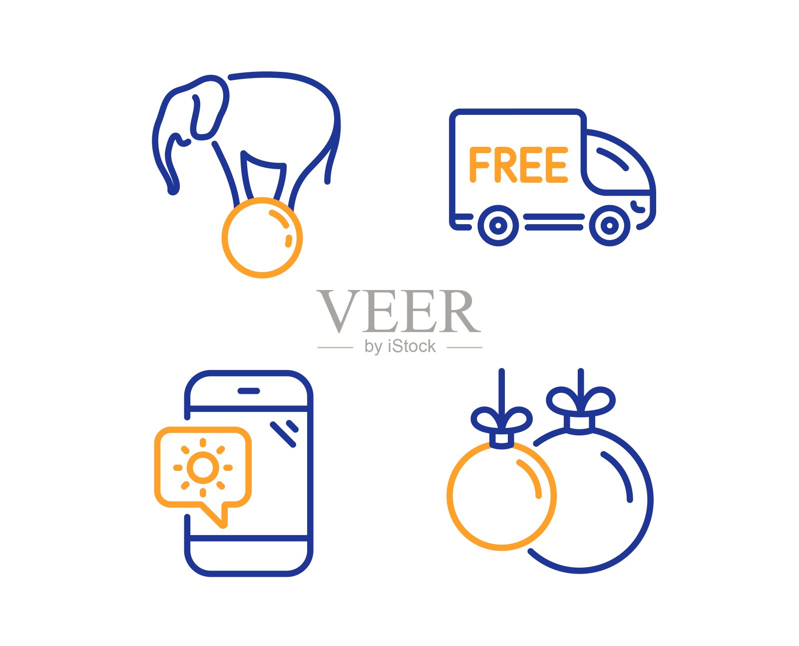 免费送货,大象球和天气电话图标设置。圣诞球标志。向量图标素材