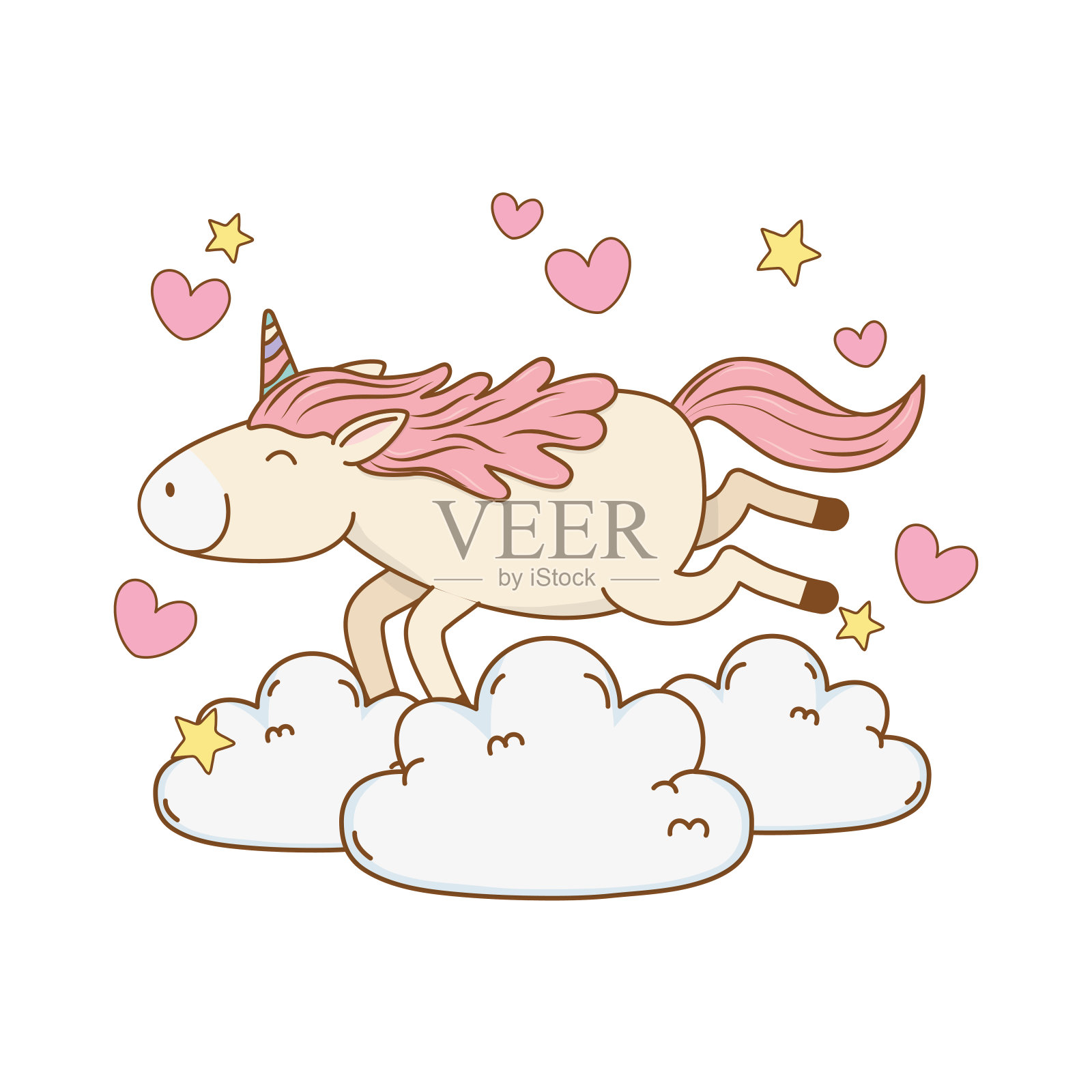 可爱的童话独角兽放松在云插画图片素材