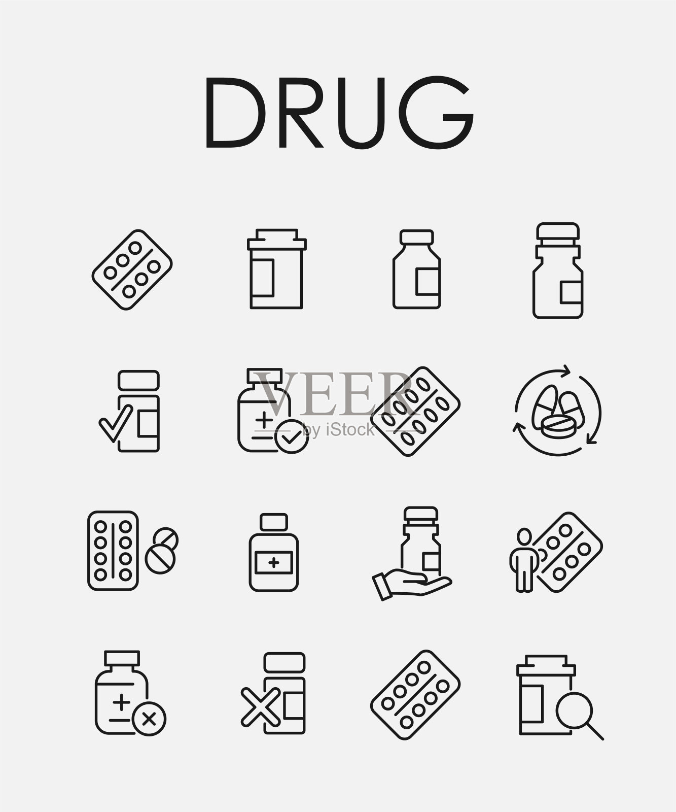 简单的医疗药品相关线图标的集合。图标素材