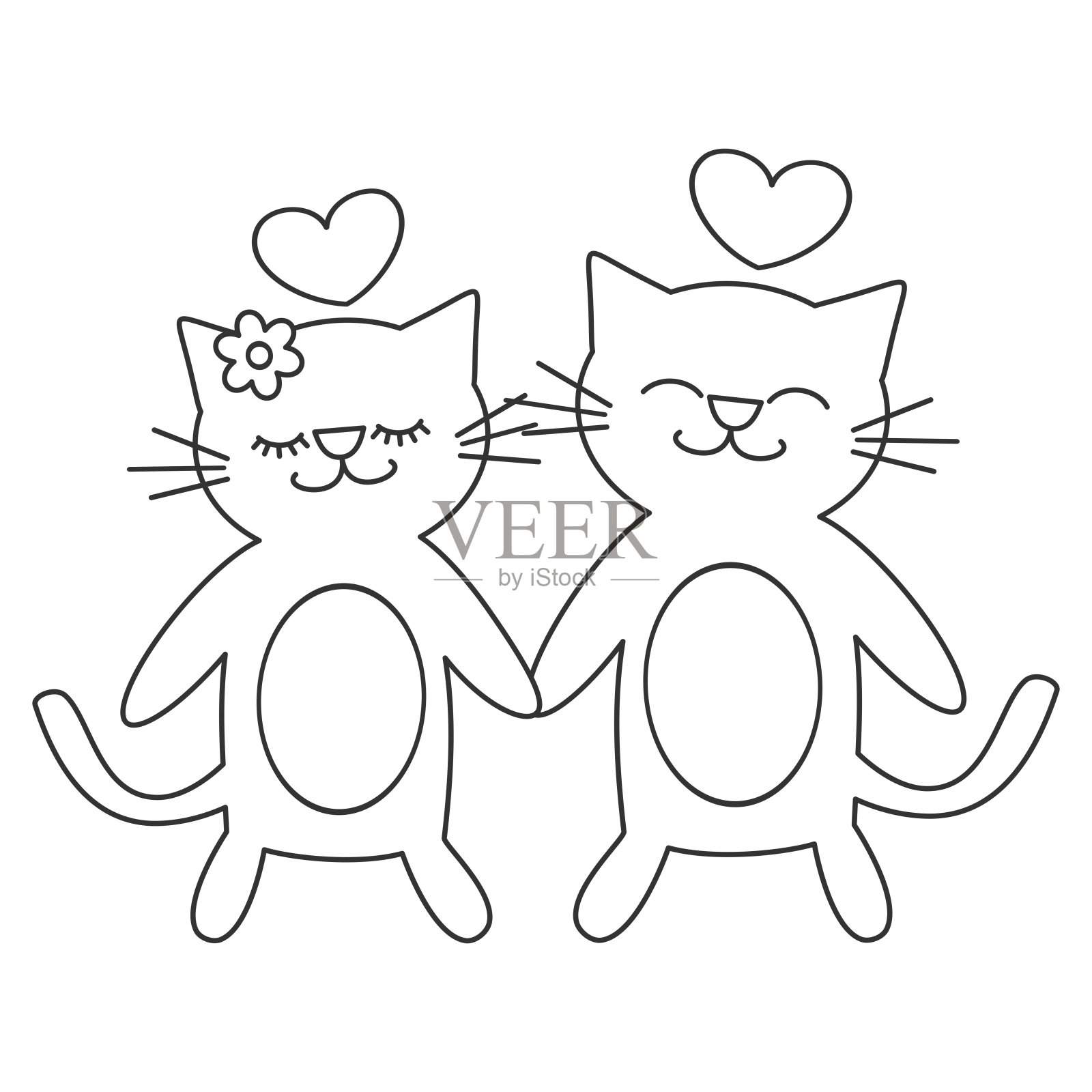 可爱可爱的黑白猫在爱向量卡通浪漫插画着色艺术插画图片素材