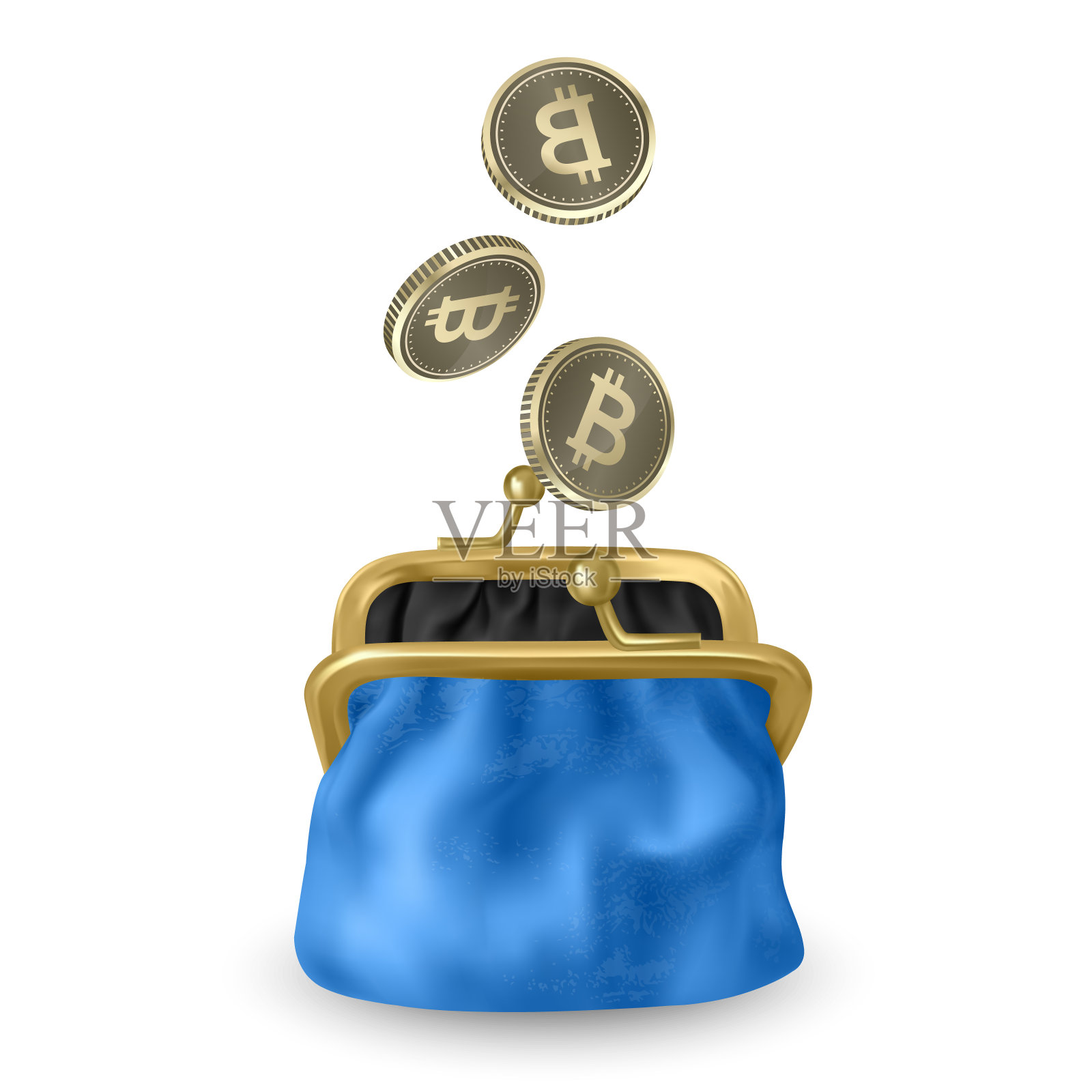 蓝色,打开钱包。金币雨点般打开钱包。金币、钱币、比特币在打开的钱包里掉落或掉落。插画图片素材