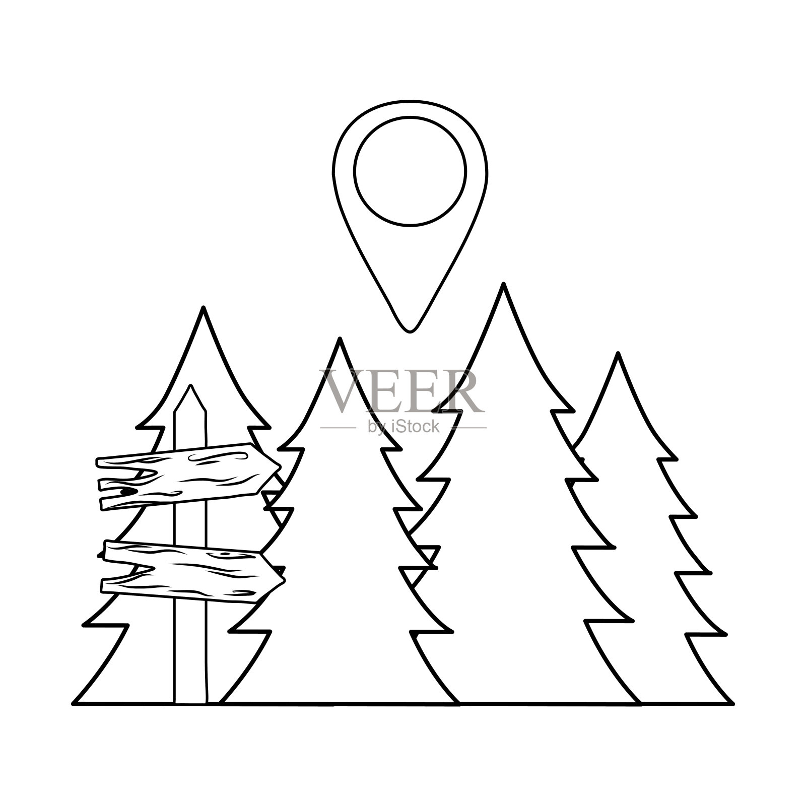 木制箭头引导标签与松树插画图片素材