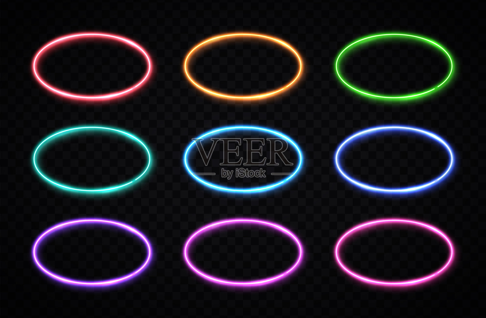 椭圆形镜架集合。圆chrome背景。彩色发光的圆形标志设置在透明的背景。霓虹横幅设计为互联网网页使用传单。80年代风格明亮的霓虹灯矢量插图插画图片素材