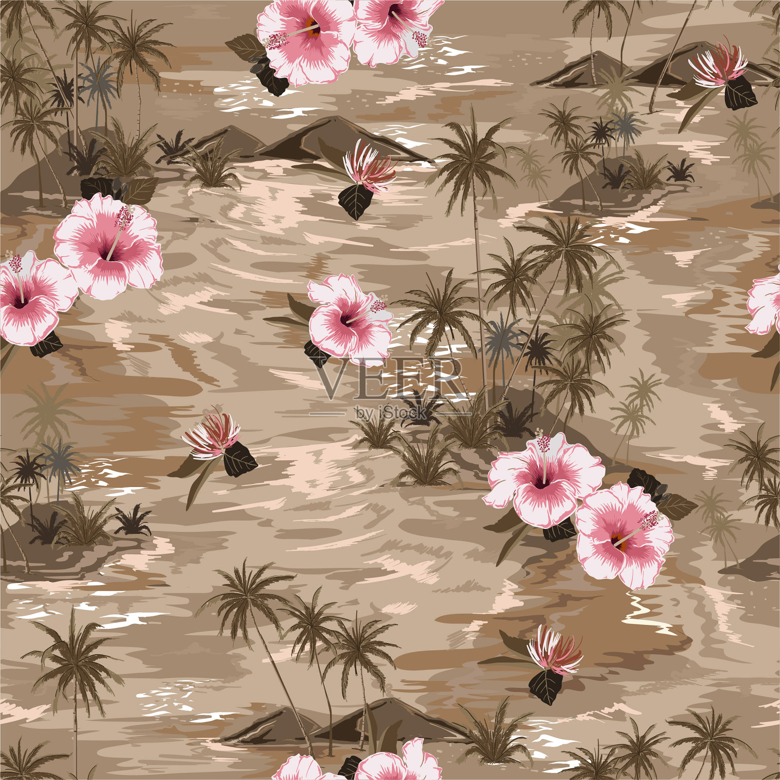 复古情绪单调的米色岛屿夏季天堂与盛开的芙蓉花,棕榈树和异国情调的植物设计的所有印花插画图片素材