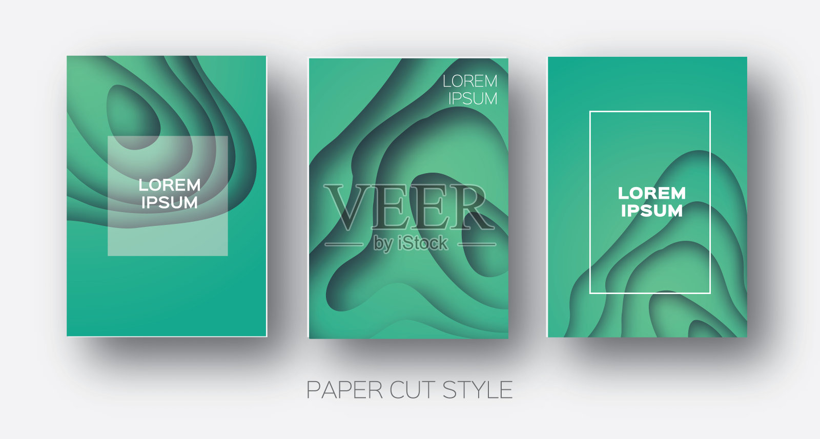 剪纸波浪形状。层叠曲线折纸设计,用于商业演示文稿,传单,海报。一套3垂直横幅。3D抽象地图雕刻。文本。框架。蓝绿色。向量设计模板素材