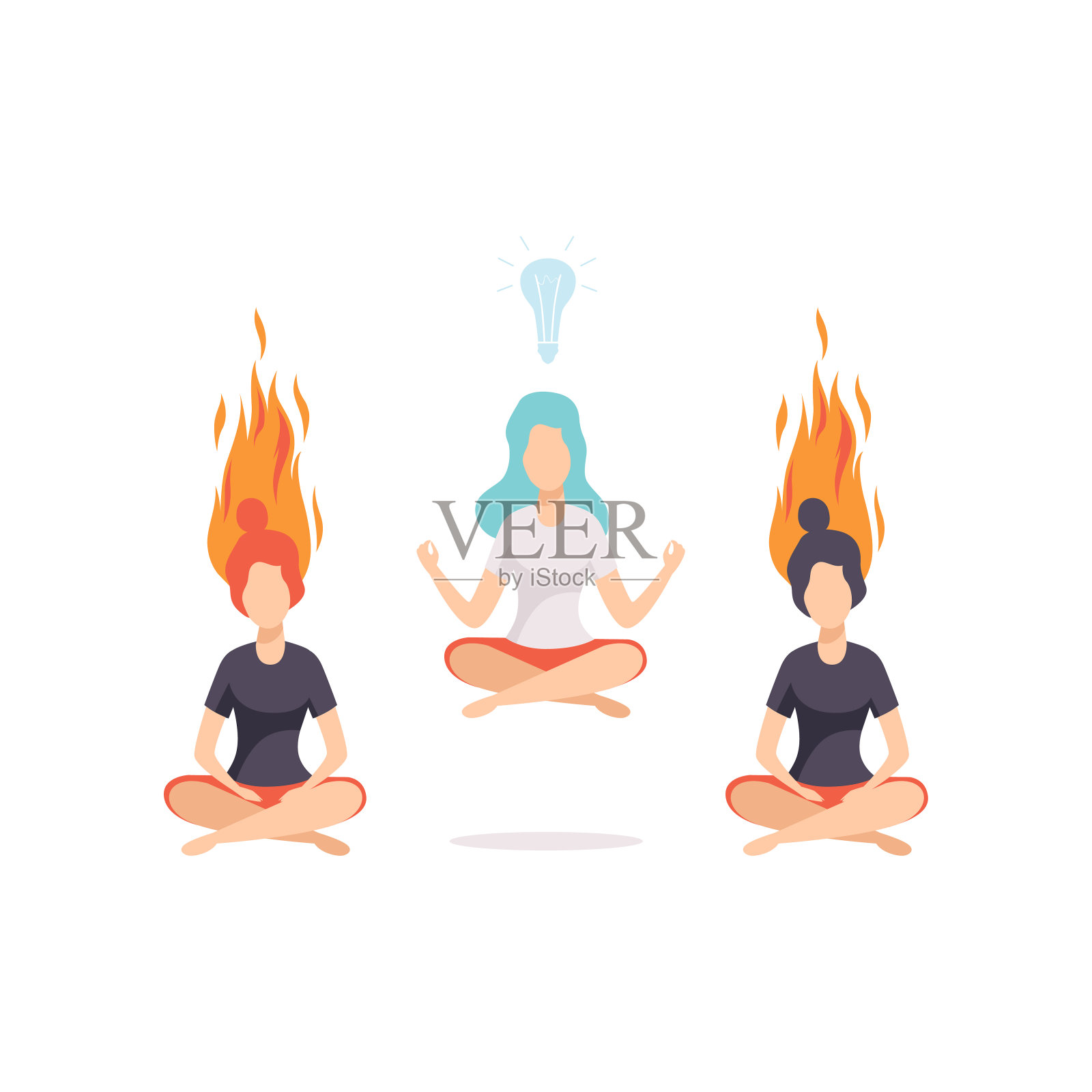 女性冥想和放松在莲花的位置,情绪倦怠概念,压力,头痛,抑郁,心理问题向量插图插画图片素材