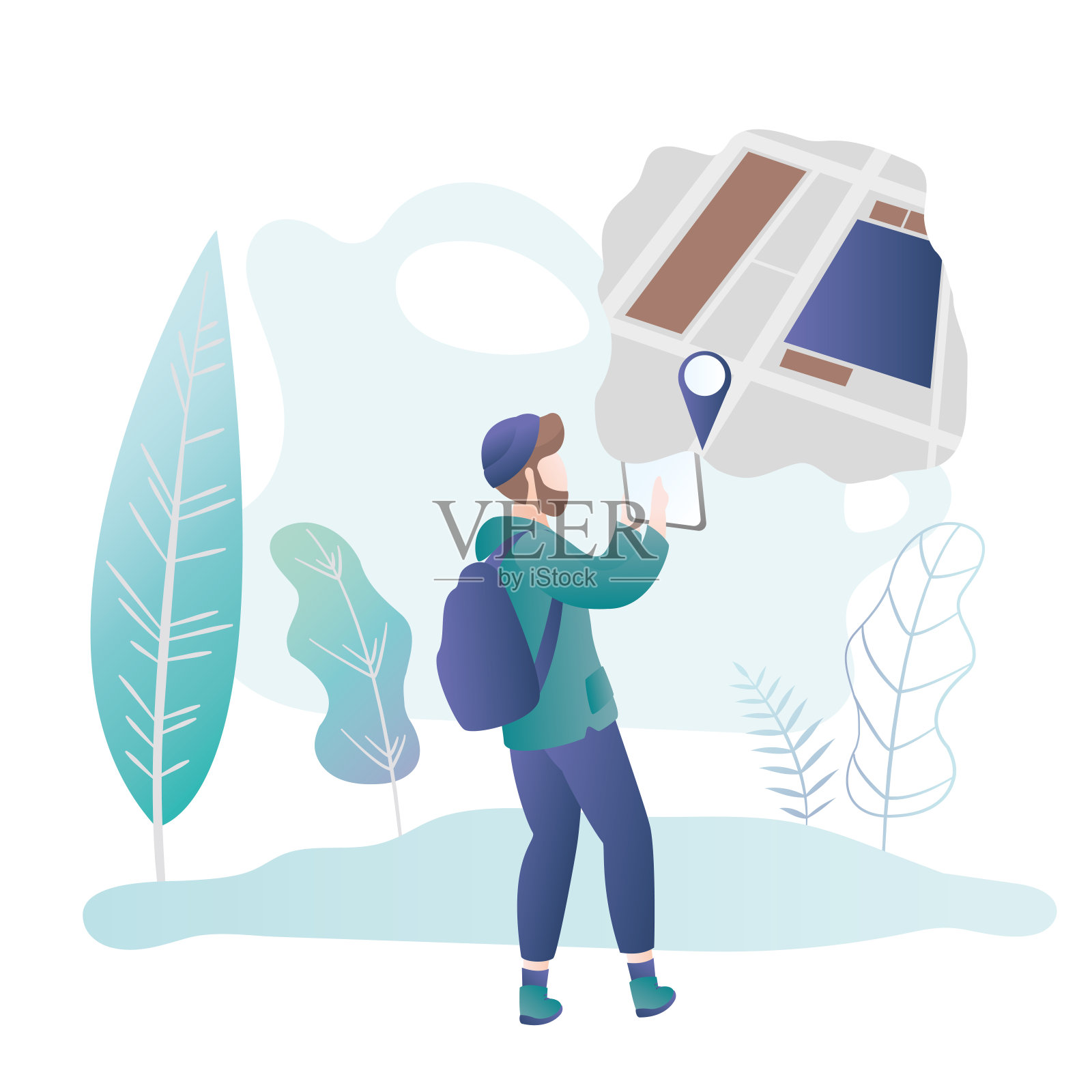 男性潮人使用平板电脑,旅行者角色,导航应用,插画图片素材