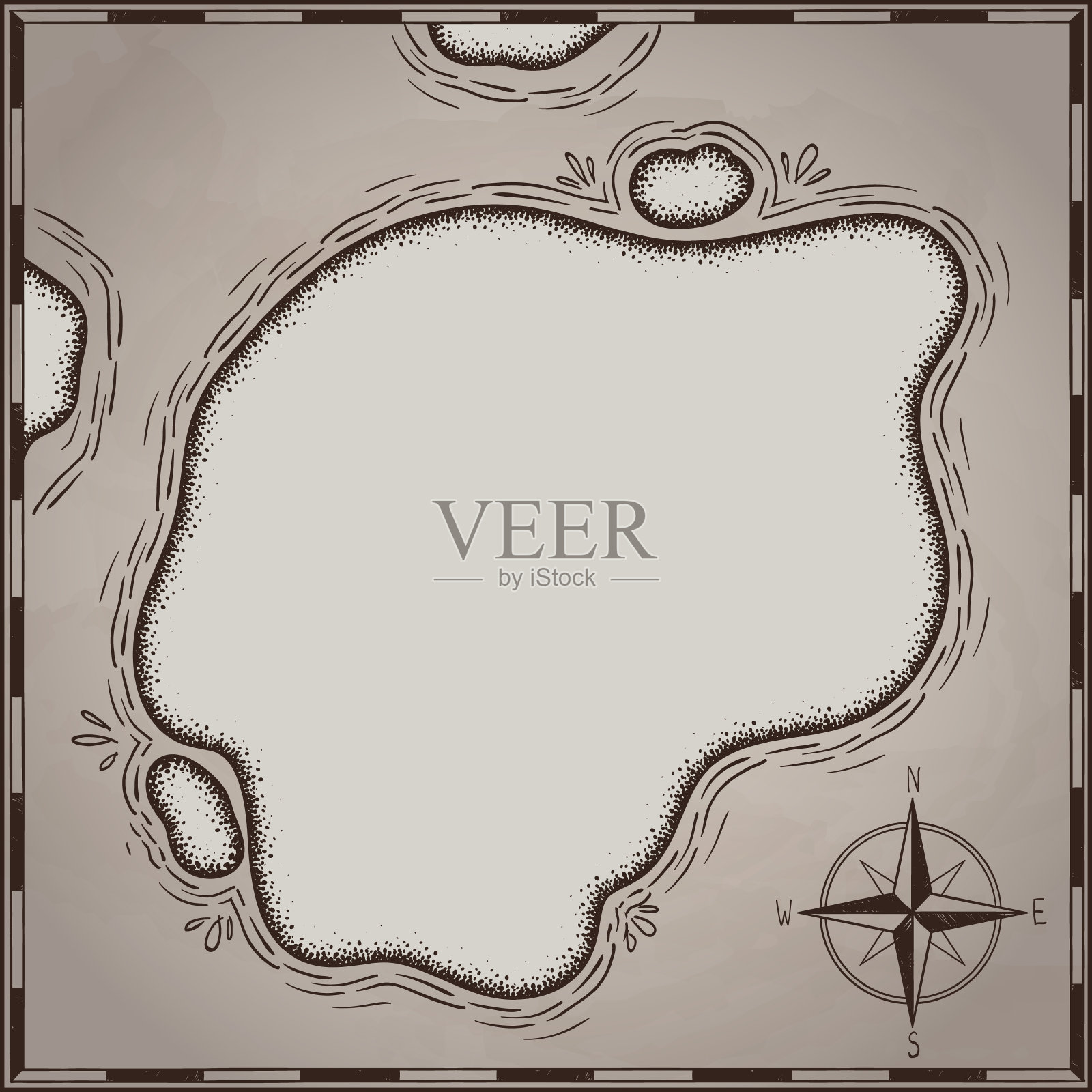 海盗藏宝图手绘卡通黑墨孤立上白,掌心在荒岛十字路口寻找金箱子,玫瑰风罗盘在海上或海上,矢量插图插画图片素材